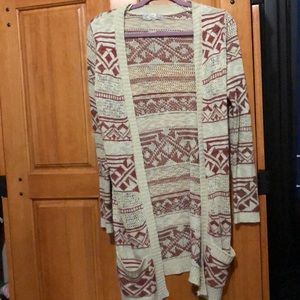 Long Beige and Maroon Cardigan with Pockets